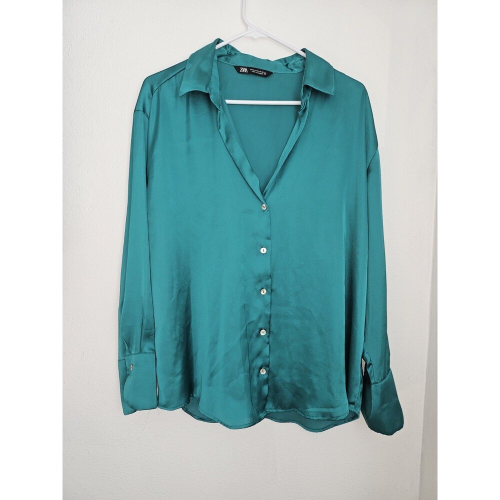 Zara Teal Green Satin Effect Long Sleeve Button Down XL